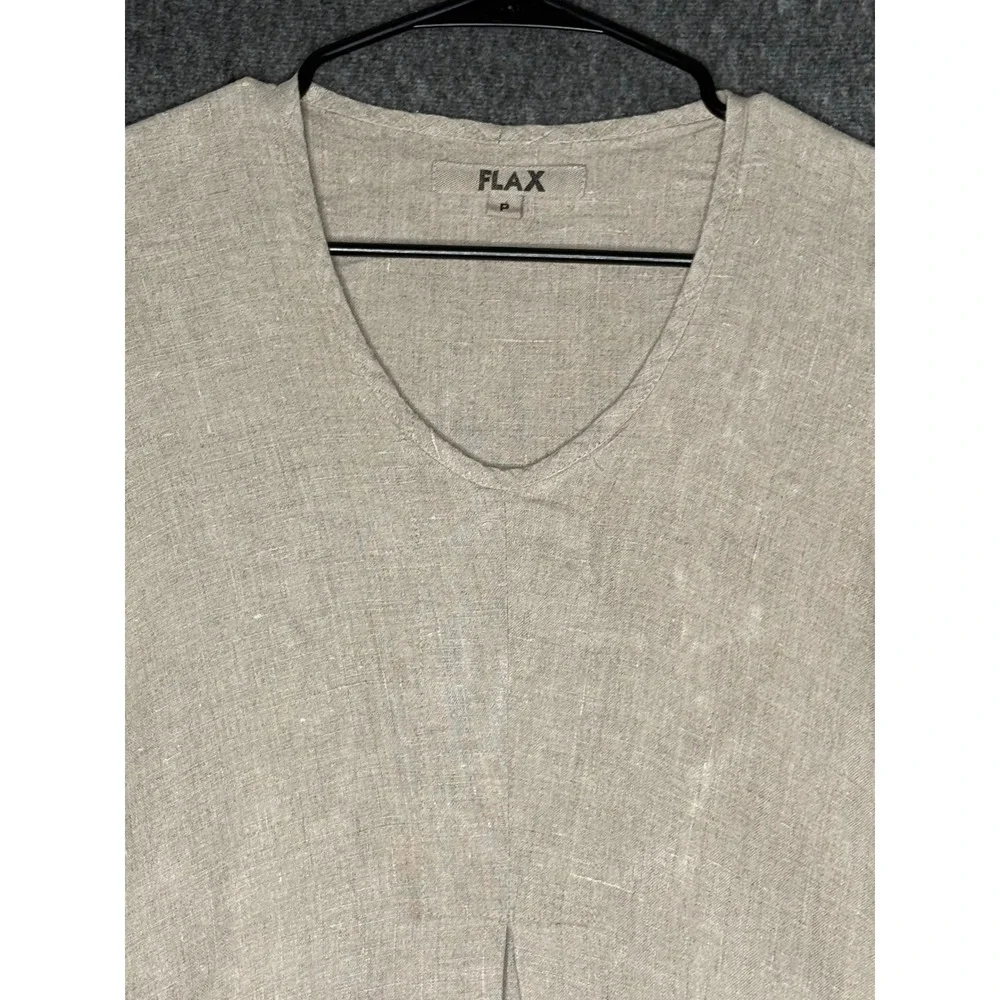 FLAX Womens 100% Linen V-Neck 3/4 Sleeve Tunic Top Oatmeal Beige Size P